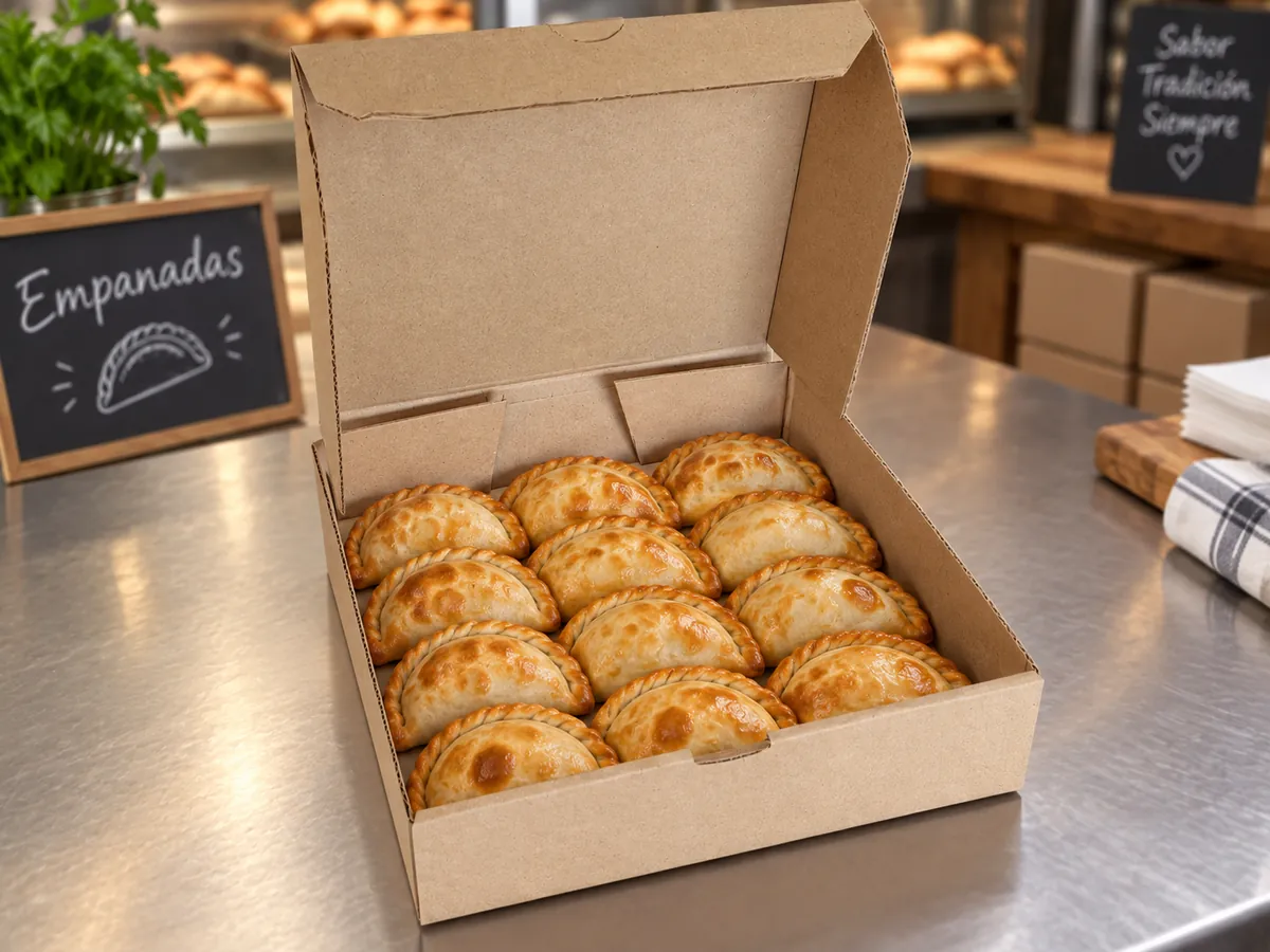 Caja para empanadas de microcorrugado kraft con empanadas