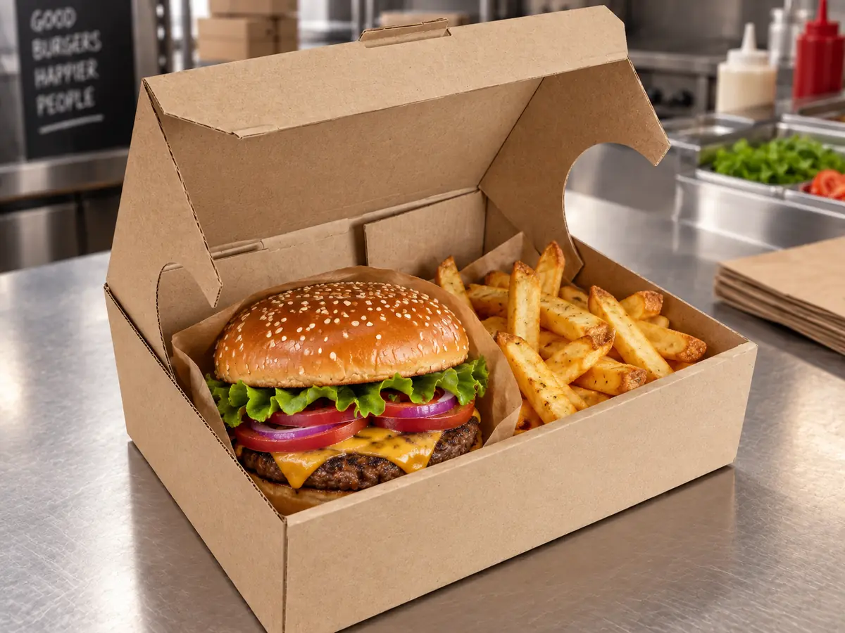 Caja abierta para hamburguesa de microcorrugado kraft