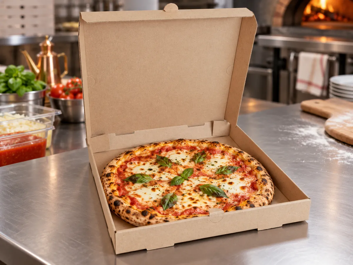 Caja de pizza de microcorrugado kraft con pizza
